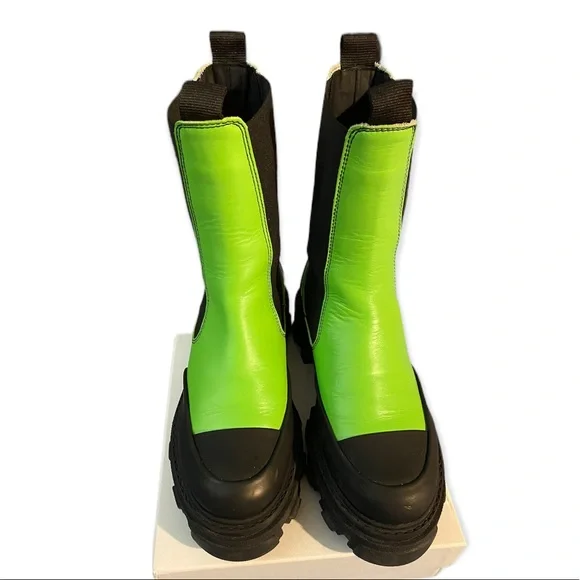 Like NEW Ganni Calf Leather Mid Chelsea Boot Neon Lime Green Chunky Lug … - Picture 6 of 9